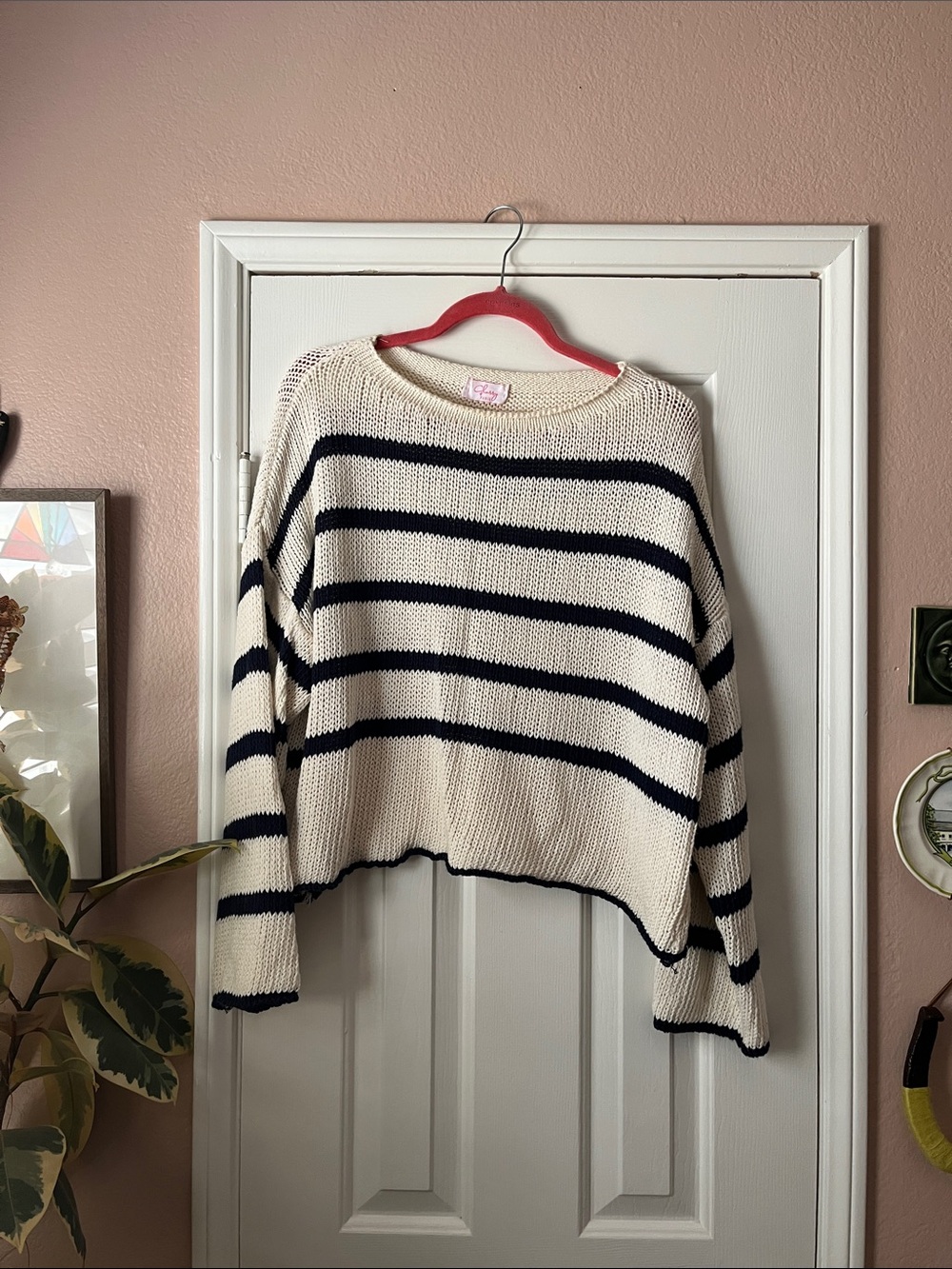 Glossy Paris Striped Open Knit Sweater - Cream and Navy